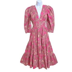 House of Harlow 1960 Boho Puff Sleeve Tiered Midi Dress S Pink Plunging Neck